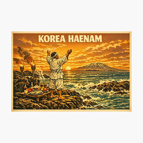 Item preview, KOREA HAENAM - Sea Prayer Ritual Sunset Jeju Island Hallasan Retro Vintage Poster designed and sold by KOREA-HAENAM.