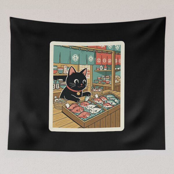 Item preview, Black Cat Fish Market Japanese Style Illustration designed and sold by JordynLadukeg65.