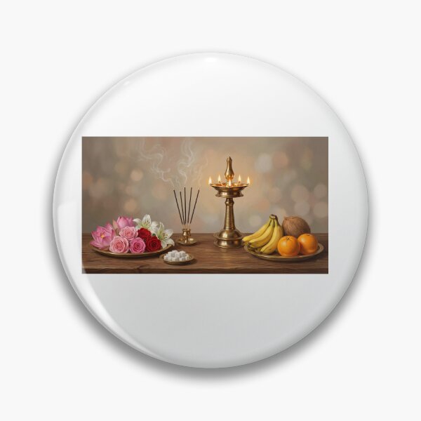 Item preview, Hindu Puja Setup with Brass Diya, Flowers & Offerings – Traditional Worship Art designed and sold by Mindful Heritage.