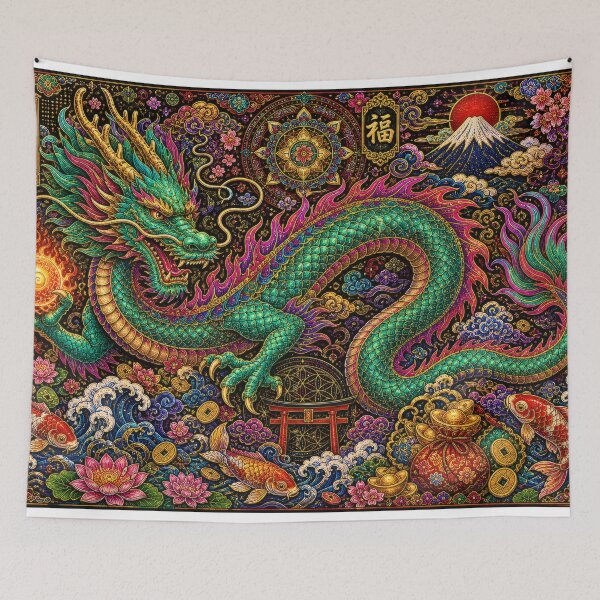 Item preview, Japanese Dragon with Torii and Mount Fuji - Vintage Ukiyo-e Art designed and sold by WabiSabiArts.
