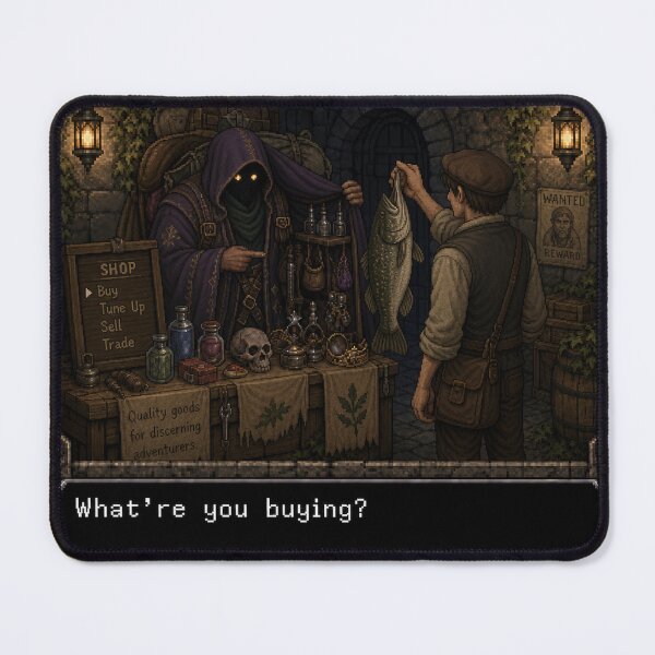 Item preview, What're you buying? Merchant and villager in classic retro style  designed and sold by Unpredictable Fat Cat.