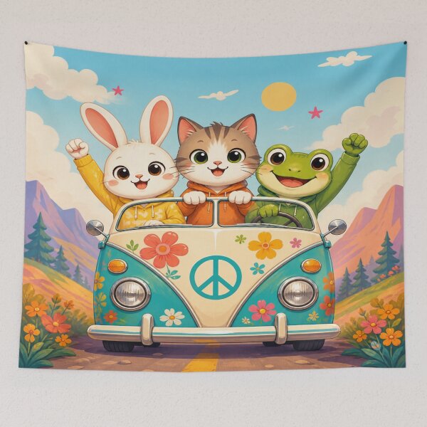 Item preview, Cute Rabbit Cat Frog in Van Cartoon | Colorful Animal Road Trip Design | Kawaii Kids Graphic designed and sold by ArtoryNest.