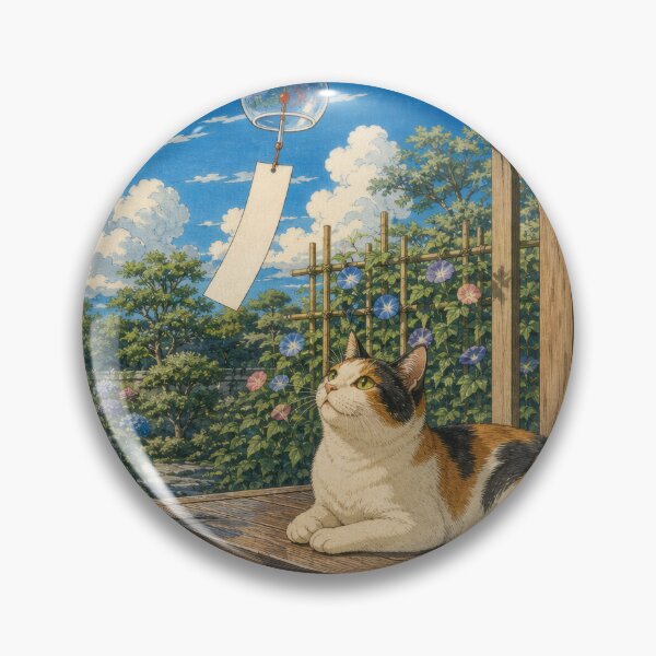 Item preview, Calico Cat with Wind Chime and Hydrangeas - Japanese Summer Ukiyo-e Art designed and sold by WabiSabiArts.