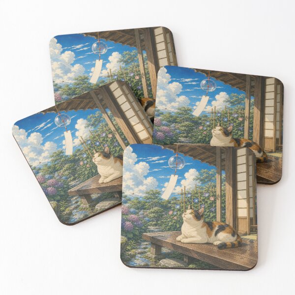 Item preview, Calico Cat with Wind Chime and Hydrangeas - Japanese Summer Ukiyo-e Art designed and sold by WabiSabiArts.