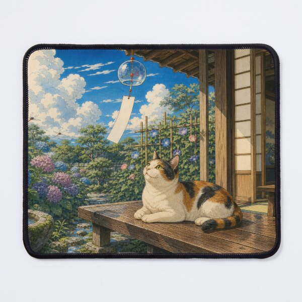 Item preview, Calico Cat with Wind Chime and Hydrangeas - Japanese Summer Ukiyo-e Art designed and sold by WabiSabiArts.