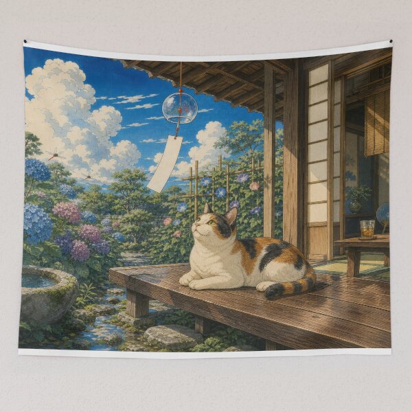 Item preview, Calico Cat with Wind Chime and Hydrangeas - Japanese Summer Ukiyo-e Art designed and sold by WabiSabiArts.