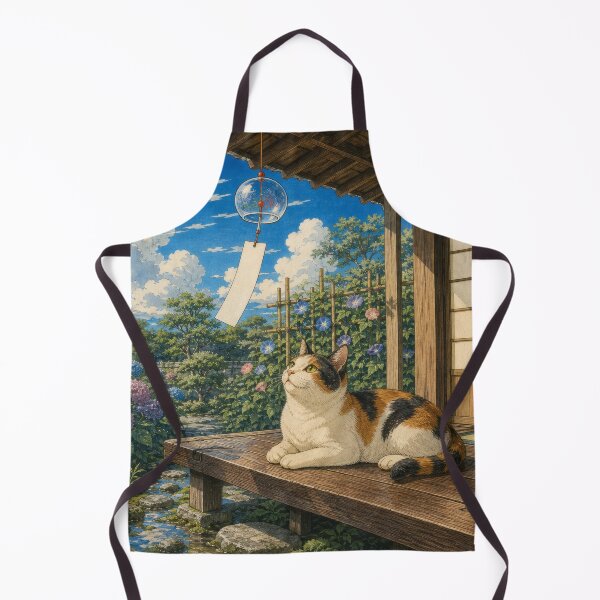 Item preview, Calico Cat with Wind Chime and Hydrangeas - Japanese Summer Ukiyo-e Art designed and sold by WabiSabiArts.