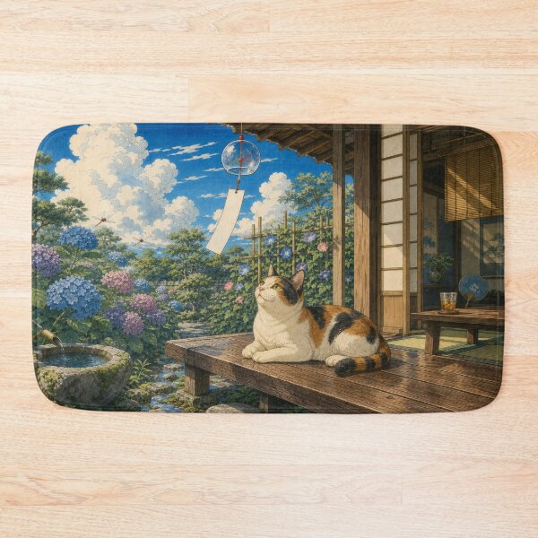 Item preview, Calico Cat with Wind Chime and Hydrangeas - Japanese Summer Ukiyo-e Art designed and sold by WabiSabiArts.