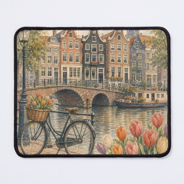 Item preview, Amsterdam Travel Poster, Netherlands Canal Bicycle Tulips Art, Vintage European City Wall Art, Retro Print designed and sold by Art-Selling.