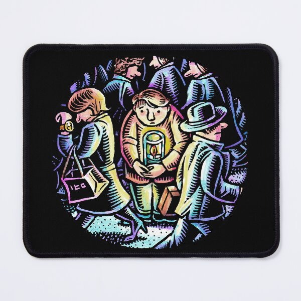 Item preview, mourning boy holding memorial candle in middle of busy street designed and sold by LisaHaney.