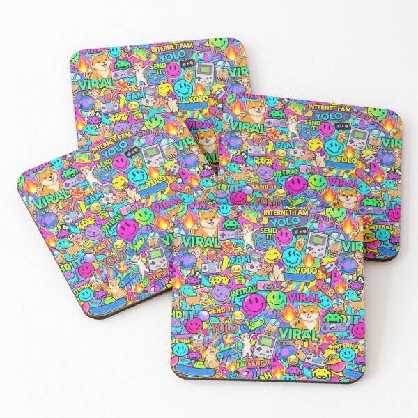 Item preview, Viral Internet Sticker Bomb Pattern – Y2K Meme Cats and Retro Gaming Print designed and sold by Kaleidoscope Print.