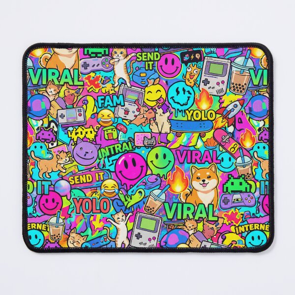 Item preview, Viral Internet Sticker Bomb Pattern – Y2K Meme Cats and Retro Gaming Print designed and sold by Kaleidoscope Print.