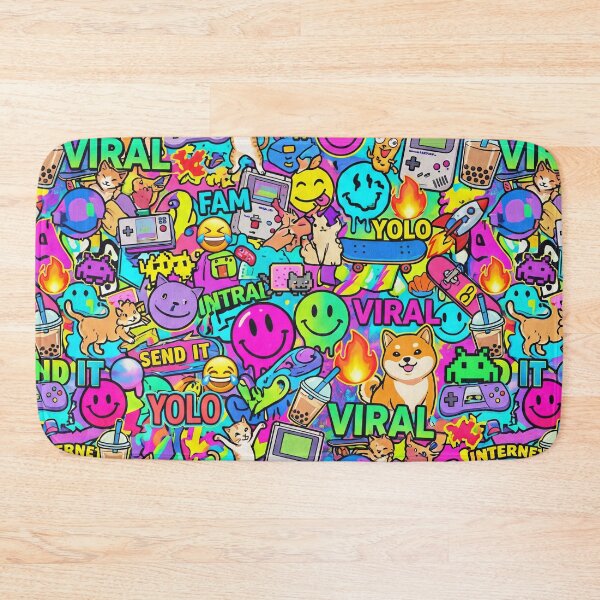Item preview, Viral Internet Sticker Bomb Pattern – Y2K Meme Cats and Retro Gaming Print designed and sold by Kaleidoscope Print.