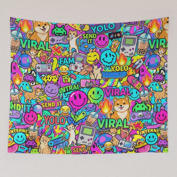 Item preview, Viral Internet Sticker Bomb Pattern – Y2K Meme Cats and Retro Gaming Print designed and sold by Kaleidoscope Print.