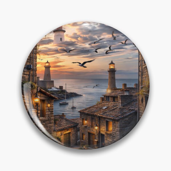 Item preview, Cozy Seaside Village at Sunset – Lighthouse Coastal Cottage Print designed and sold by Kaleidoscope Print.