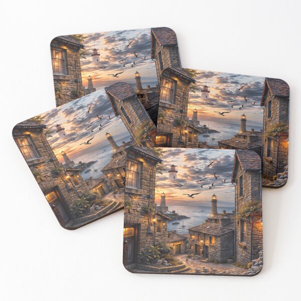 Item preview, Cozy Seaside Village at Sunset – Lighthouse Coastal Cottage Print designed and sold by Kaleidoscope Print.