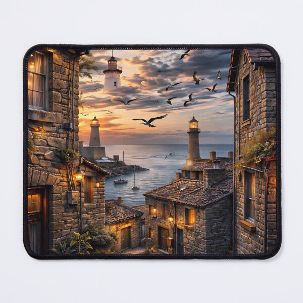 Item preview, Cozy Seaside Village at Sunset – Lighthouse Coastal Cottage Print designed and sold by Kaleidoscope Print.