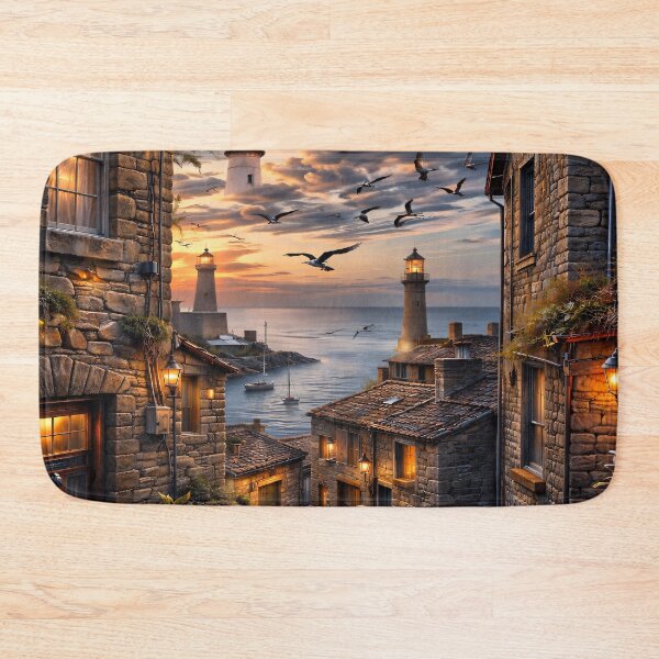 Item preview, Cozy Seaside Village at Sunset – Lighthouse Coastal Cottage Print designed and sold by Kaleidoscope Print.