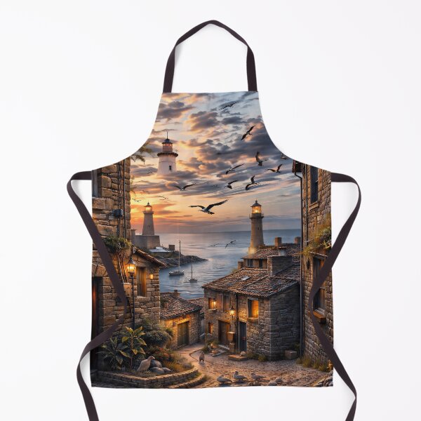 Item preview, Cozy Seaside Village at Sunset – Lighthouse Coastal Cottage Print designed and sold by Kaleidoscope Print.