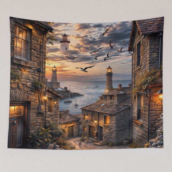 Item preview, Cozy Seaside Village at Sunset – Lighthouse Coastal Cottage Print designed and sold by Kaleidoscope Print.
