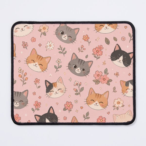 Item preview, Cozy Cat Faces & Floral Seamless Pattern – Cute Pink Aesthetic Curtain & Home Decor Design designed and sold by IconicDesignsXd.