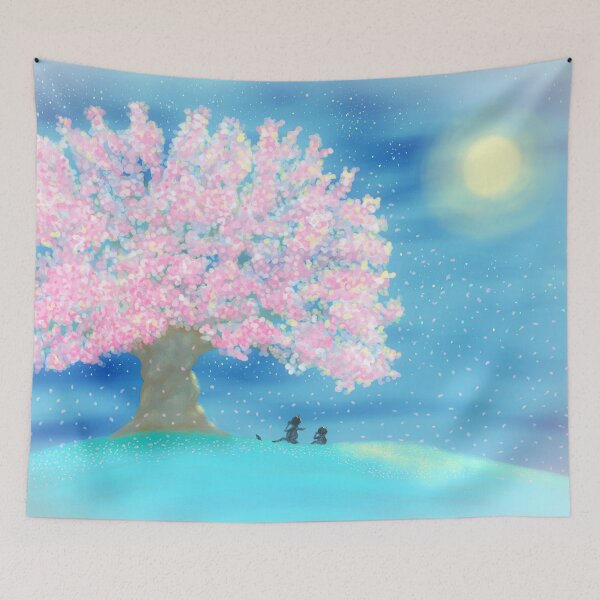 Item preview, Three friends watching mystical cherry blossoms at night designed and sold by greenPQBstudio.