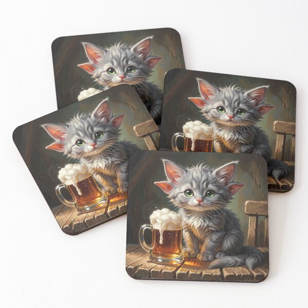 Item preview, Unique Gray Kitten with Beer – Charming Rustic Art Illustration designed and sold by FotoworldEdel.