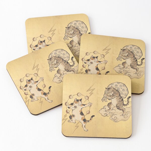 Item preview, Cute Cat Fujin and Raijin — Kawaii Wind and Thunder Gods on Gold Screen | Japanese Cat Art designed and sold by Ukiyo Neko Hyakkei - Cats of the Floating World-.