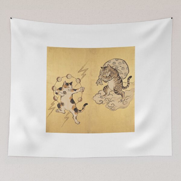 Item preview, Cute Cat Fujin and Raijin — Kawaii Wind and Thunder Gods on Gold Screen | Japanese Cat Art designed and sold by Ukiyo Neko Hyakkei - Cats of the Floating World-.