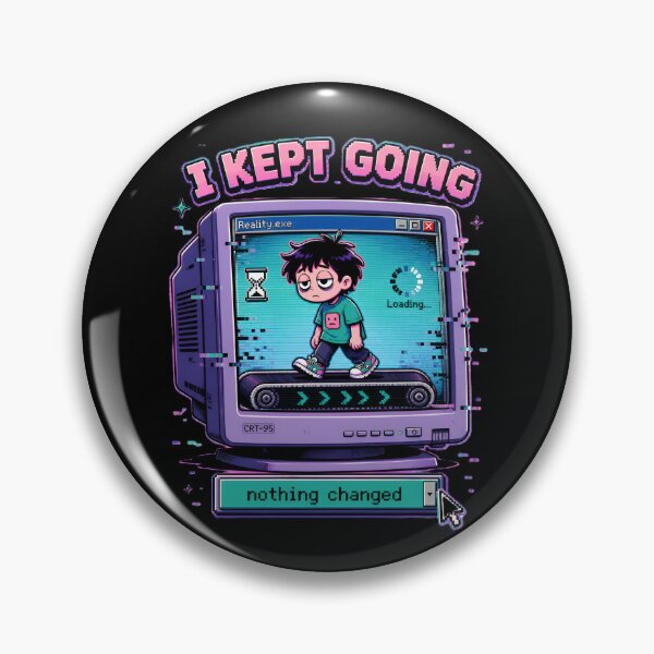 Artikelvorschau, Ich machte weiter, nichts änderte sich – Retro-90er-Jahre-Ästhetik-Glitch-Cartoon-Laufbanddesign entworfen und verkauft von Rude Bot.