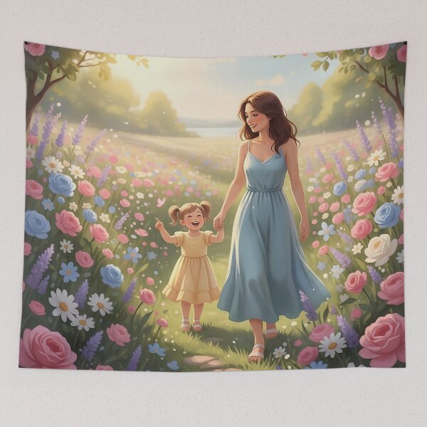 Item preview, Mother and Daughter in Flower Field – Whimsical Spring Aesthetic Illustration designed and sold by Y-MOONSTAR.