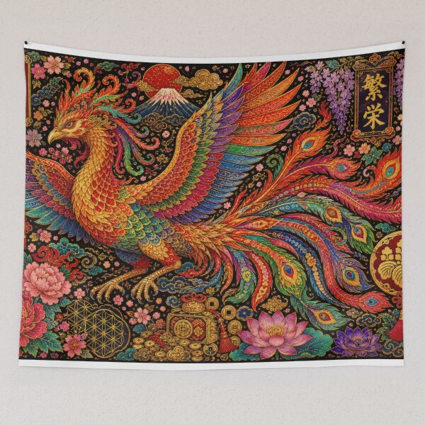 Item preview, Japanese Phoenix with Mount Fuji and Lotus - Vintage Ukiyo-e Art designed and sold by WabiSabiArts.