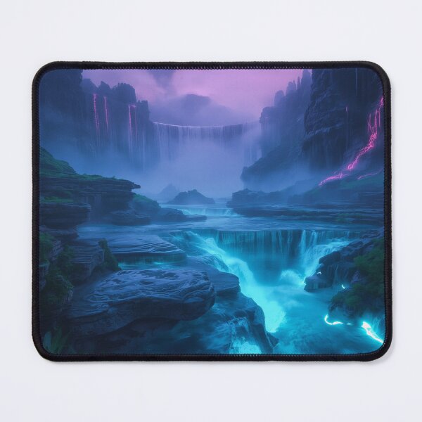 Item preview, Bioluminescent Waterfall Landscape with Glowing Alien Cliffs and Mist designed and sold by Luminous Wilds.