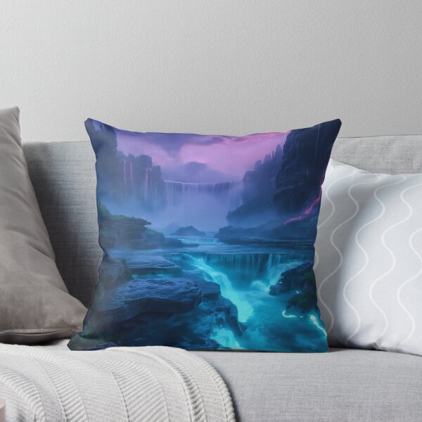 Item preview, Bioluminescent Waterfall Landscape with Glowing Alien Cliffs and Mist designed and sold by Luminous Wilds.