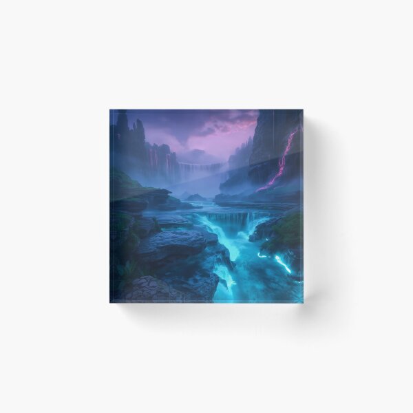 Item preview, Bioluminescent Waterfall Landscape with Glowing Alien Cliffs and Mist designed and sold by Luminous Wilds.