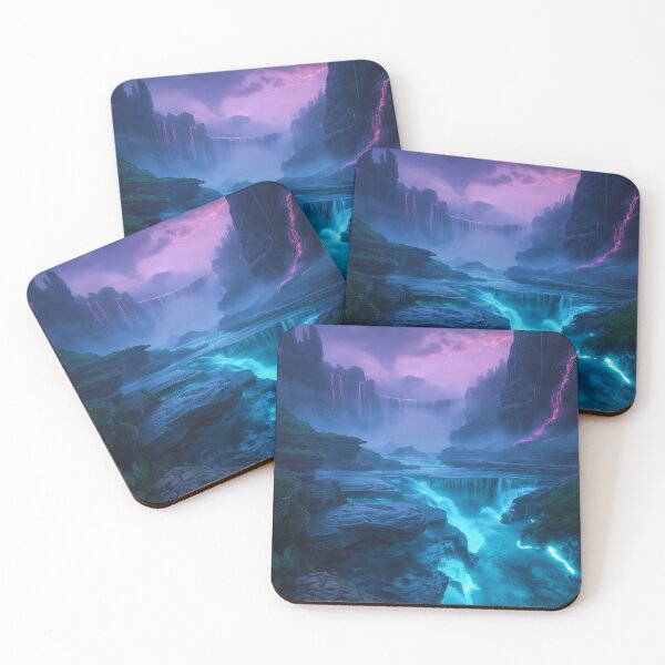 Item preview, Bioluminescent Waterfall Landscape with Glowing Alien Cliffs and Mist designed and sold by Luminous Wilds.