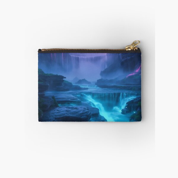 Item preview, Bioluminescent Waterfall Landscape with Glowing Alien Cliffs and Mist designed and sold by Luminous Wilds.