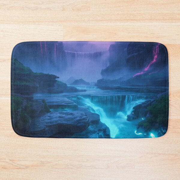 Item preview, Bioluminescent Waterfall Landscape with Glowing Alien Cliffs and Mist designed and sold by Luminous Wilds.