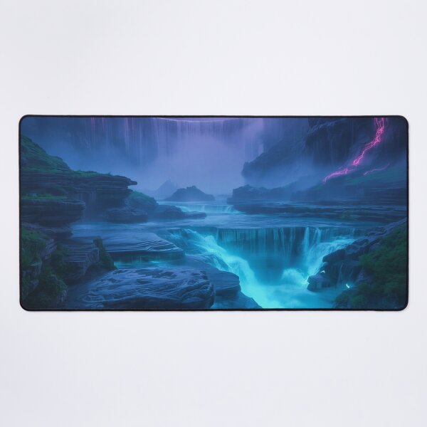 Item preview, Bioluminescent Waterfall Landscape with Glowing Alien Cliffs and Mist designed and sold by Luminous Wilds.