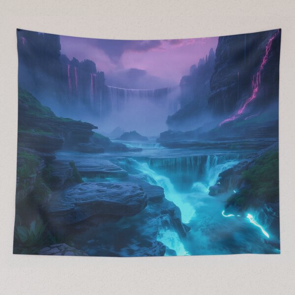 Item preview, Bioluminescent Waterfall Landscape with Glowing Alien Cliffs and Mist designed and sold by Luminous Wilds.
