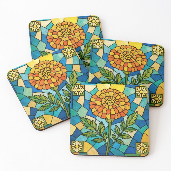 Item preview, Taisho Stained Glass Marigold - Vintage Japanese Botanical Art designed and sold by WabiSabiArts.