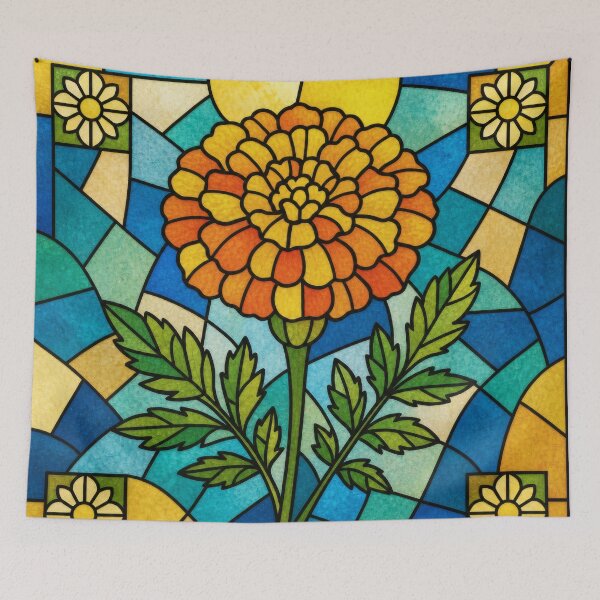 Item preview, Taisho Stained Glass Marigold - Vintage Japanese Botanical Art designed and sold by WabiSabiArts.