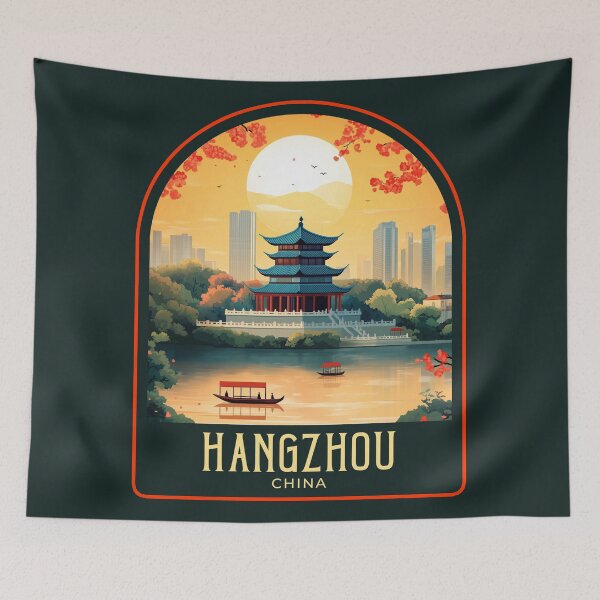 Item preview, Hangzhou Vintage Travel Illustration designed and sold by HomeLivingCo.