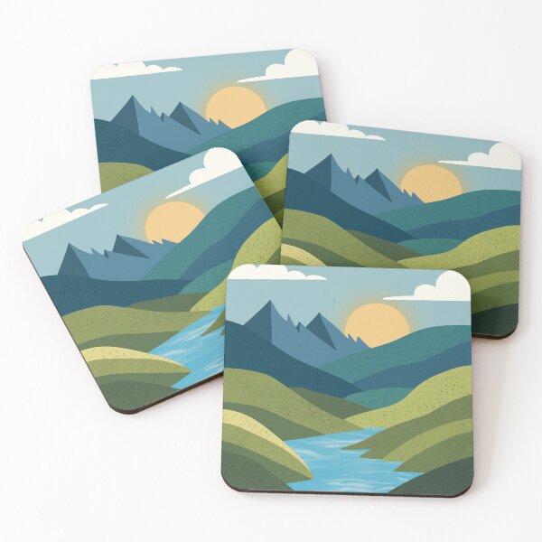 Item preview, Serene Mountain Landscape Illustration – Sunset Hills, River Valley Nature Minimal Art Design designed and sold by AESTHETIC-FLAIR.