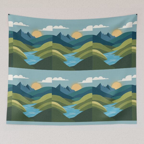 Item preview, Serene Mountain Landscape Illustration – Sunset Hills, River Valley Nature Minimal Art Design designed and sold by AESTHETIC-FLAIR.