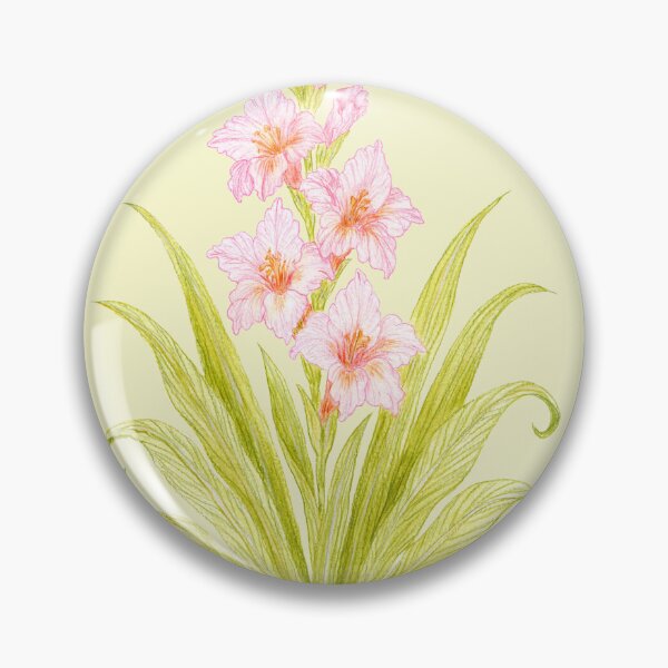 Artikelvorschau, Blüte stiller Anmut – Botanische Illustration einer rosa Gladiole – Zartes Vintage-Gelb als Basis entworfen und verkauft von Piret Victoria Ribas.