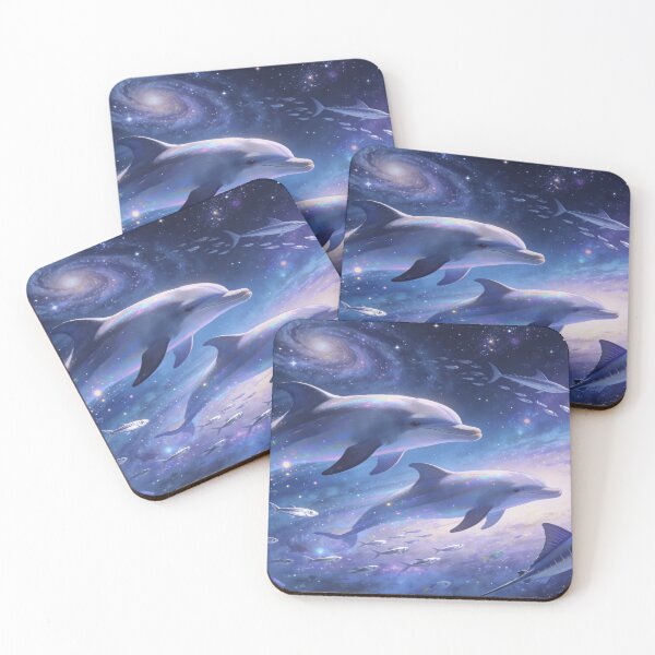 Item preview, Dolphins Dancing Through the Cosmos, Fantasy Space Ocean Art Print designed and sold by BlareBlare.