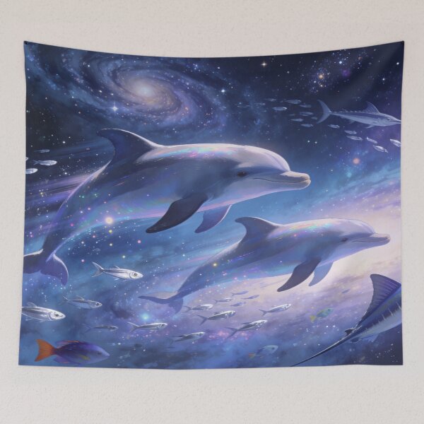 Item preview, Dolphins Dancing Through the Cosmos, Fantasy Space Ocean Art Print designed and sold by BlareBlare.