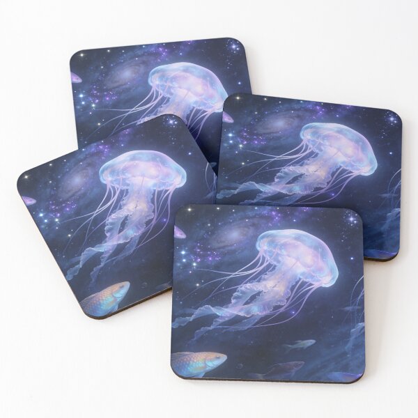 Item preview, Glowing Jellyfish in Galaxy Waters, Ethereal Cosmic Ocean Artwork designed and sold by BlareBlare.