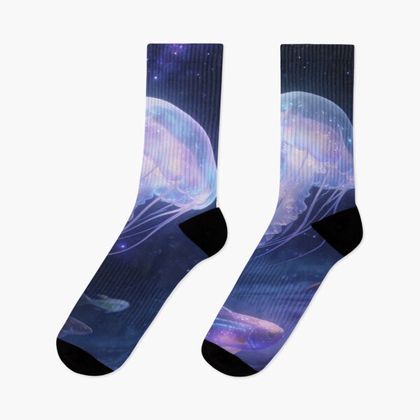 Item preview, Glowing Jellyfish in Galaxy Waters, Ethereal Cosmic Ocean Artwork designed and sold by BlareBlare.